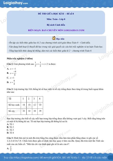 Đề thi giữa kì 2 Toán 8 - Đề số 8 - Cánh diều